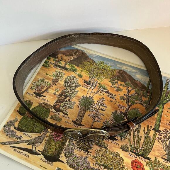 Vintage Distressed Stitched Brown Genuine Leather Eagle Buckle Belt - L - Picture 10 of 12